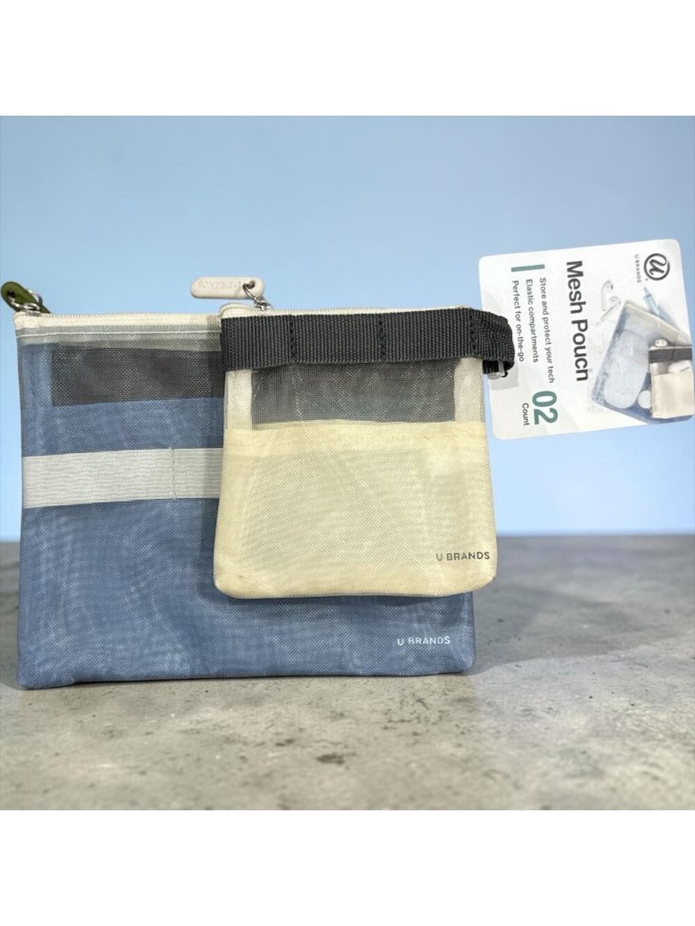 U Brands Mesh Pouch Set Of 2 Blue & Beige Zippered Organizer Bags For Accessorie